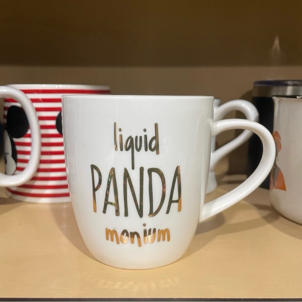White 'Liquid PANDA-monium' Ceramic Mug with Gold Lettering